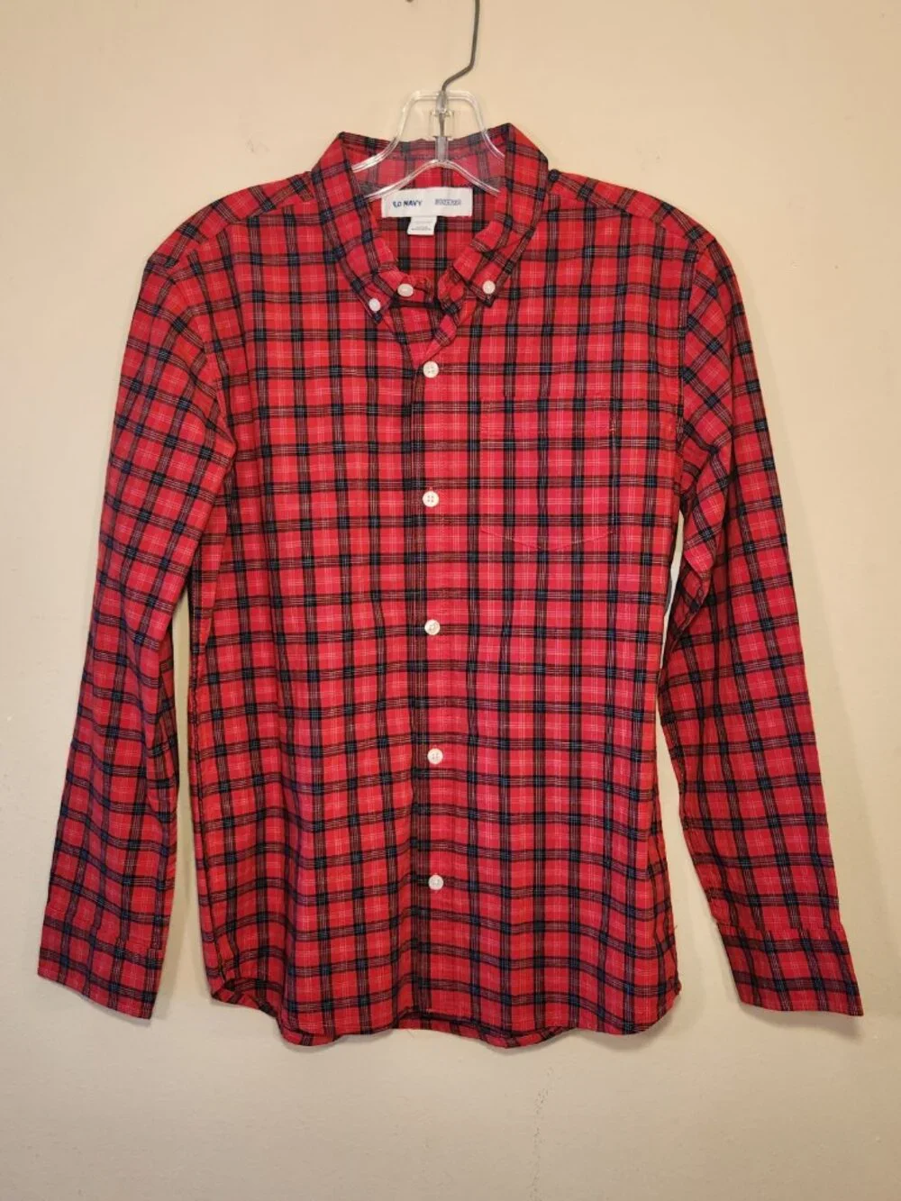 Old Navy Built in Flex Red and Black Plaid Shirt XL 14-16